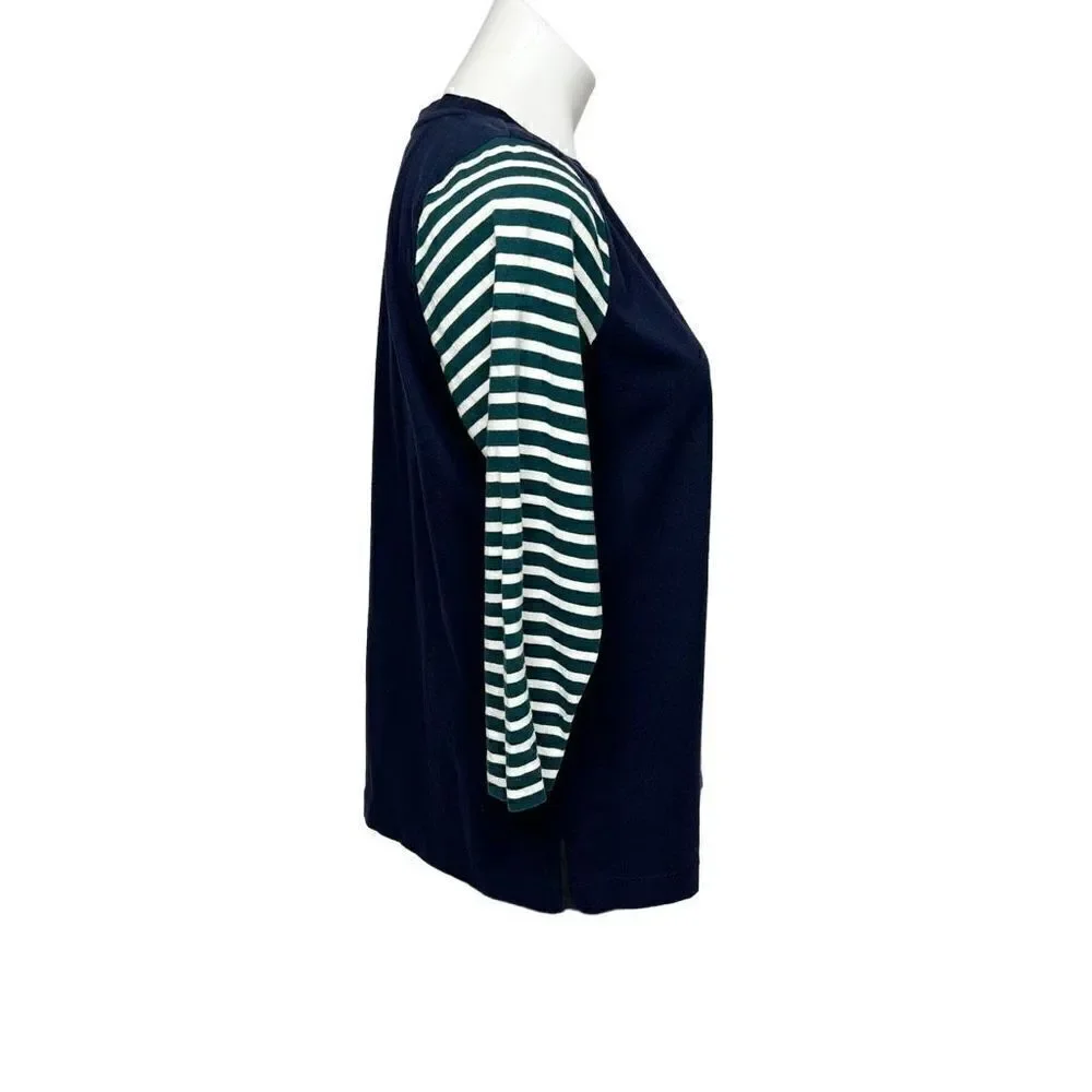 J. Crew 3/4 sleeve navy blue top with green and white striped sleeves size M